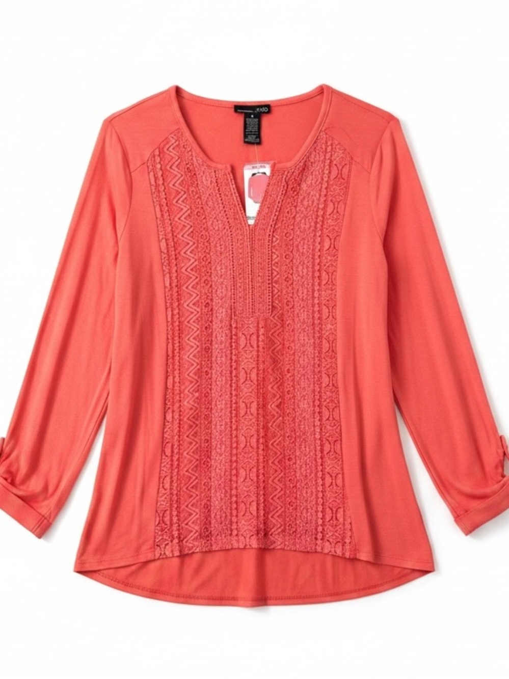 RXB Porcelain Rose Coral Tunic Top Lace Front Roll Tab Sleeves Size Small